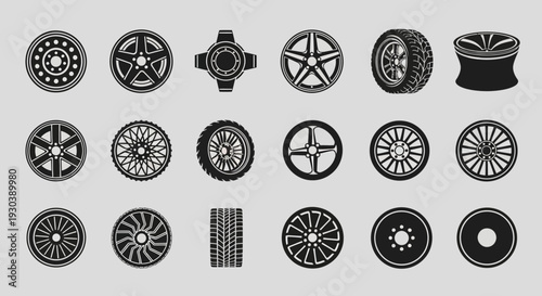 Collection of black and white wheel and gear icons on gray background.