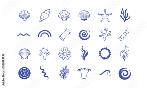 Ocean elements line icons with shells coral and sea plants vector illustration, easily editable.