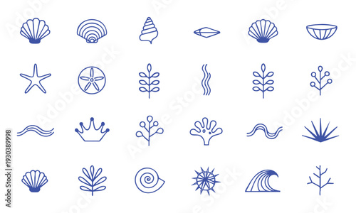 Nautical seashell outline icons collection isolated on white background vector illustration, easily editable.