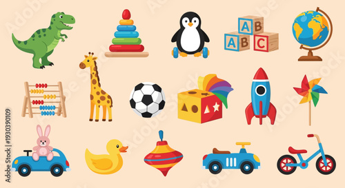 Collection of colorful children's toys and educational elements arranged neatly.