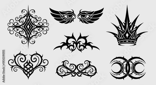 Collection of black ornamental tattoo designs on white background.