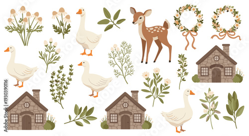 Charming Rustic Village Scene with Geese Deer and Floral Elements for Countryside Lifestyle