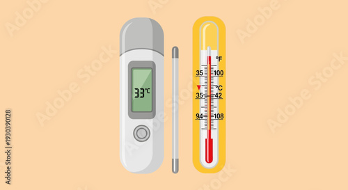 Digital thermometer and traditional mercury thermometer side by side comparison.