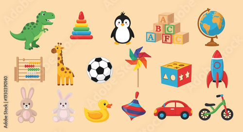 Collection of colorful children's toys and educational objects.