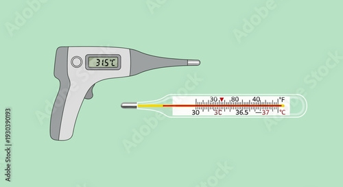Digital Infrared Thermometer and Mercury Thermometer for Measuring Body Temperature.