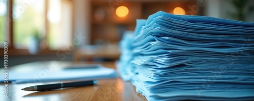 Large stack of blue papers on wooden desk near pen. Document pile suggests heavy workload and organized paperwork. Office workspace blur background.