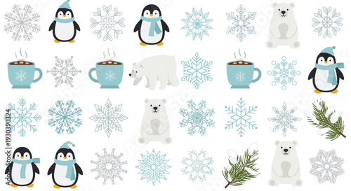 Cute winter collection with penguins polar bears hot chocolate mugs and snowflakes for holiday and christmas designs