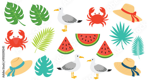Summer beach vacation elements featuring tropical leaves, seagulls, crabs, watermelons, and straw hats for a fun holiday vibe