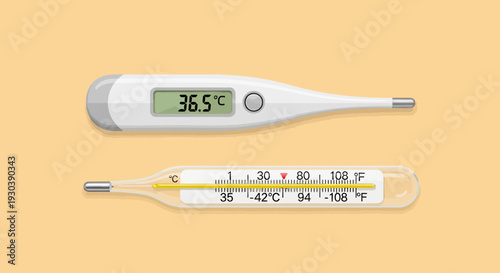 Digital and mercury thermometers for measuring body temperature on a yellow background.