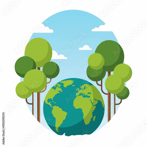 Stylized depiction of the planet Earth nestled safely between large green trees under a bright blue sky promoting ecological balance.