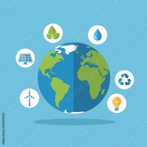 Central illustration of the planet Earth surrounded by circular icons representing renewable energy sources and water conservation efforts.