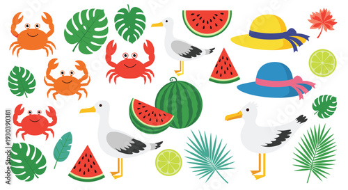 vibrant summer beach elements collection featuring crabs seagulls watermelons hats and tropical leaves for vacation and holiday designs
