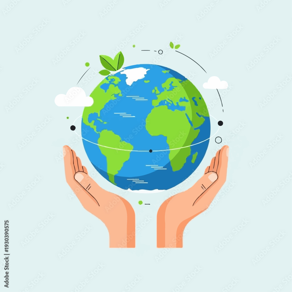 Fototapeta premium Two cupped human hands gently support a vibrant blue and green representation of the Earth, suggesting global care and protection.