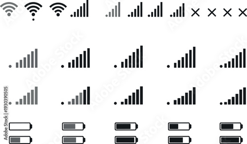 Mobile Signal Strength and Battery Status Icon Set with WiFi, Network Bars, Connectivity Levels, and Power Indicators for UI and App Design