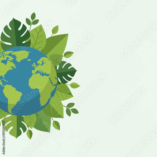 Earth globe surrounded by lush tropical leaves illustrates the concept of environmental protection and global ecological health on a light.