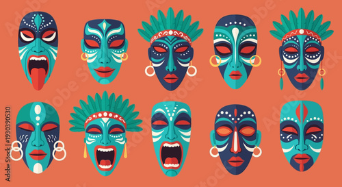 Vibrant Collection of Tribal Masks in Various Designs and Patterns.