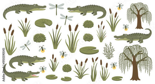 A charming collection of cartoon alligators and swamp elements including dragonflies lily pads cattails and weeping willow trees in a whimsical illustration