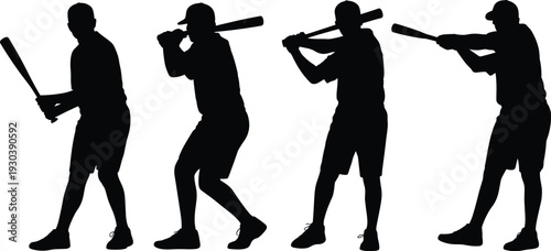 Black silhouettes of baseball players in batting stance and swinging bat isolated on white background representing sports action training competition and athletic performance excellence