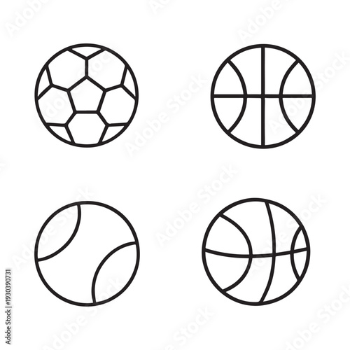 Sports Balls Icon Set – Football Basketball Tennis Baseball Line Vector Collection
