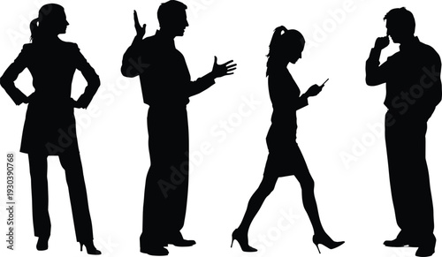 Black silhouettes of business people communicating on mobile phones walking and gesturing isolated on white background representing corporate professional life teamwork and modern office connectivity
