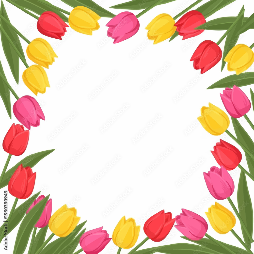 Fototapeta premium Vibrant frame border composed of red, pink, and yellow tulips with green leaves creates a natural square opening for text or design elements.