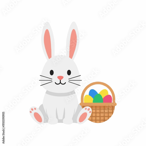 Cute white cartoon rabbit sitting beside a woven basket filled with brightly colored eggs representing the joy of the Easter holiday.