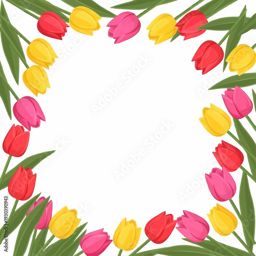 Vibrant frame border composed of red, pink, and yellow tulips with green leaves creates a natural square opening for text or design elements.