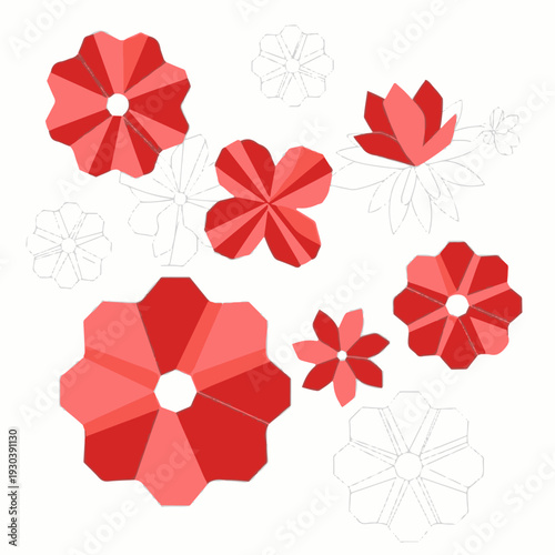 Abstract collection of stylized geometric red origami flowers contrasts with faint outline sketches suggesting artistic development or design.