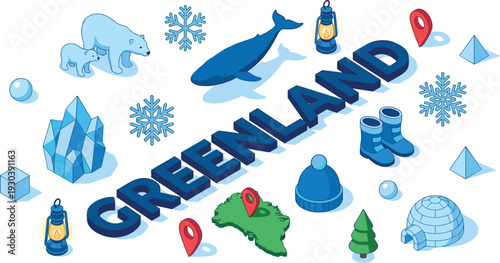 Greenland isometric vector illustration with arctic animals, ice crystals, igloo, map location pin, winter exploration concept designGreenland isometric vector illustion concept design