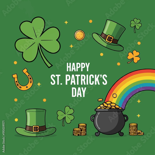 Festive St. Patrick's Day celebration illustration featuring a pot of gold under a rainbow, lucky charms, and leprechaun hats.