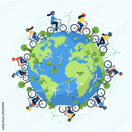 Diverse cyclists ride bicycles around the Earth promoting global environmental sustainability and clean energy transportation.