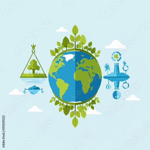 Graphic representation contrasts sustainable ecology with industrial pollution surrounding a central planet Earth illustration.