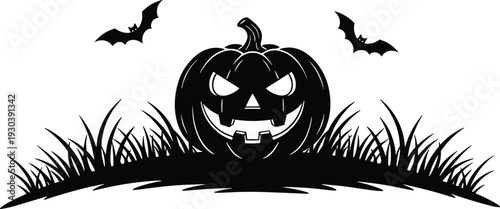 Halloween pumpkin silhouette, spooky bats, carved jack o lantern, scary face, haunted night, festive decoration, autumn holiday, eerie atmosphere