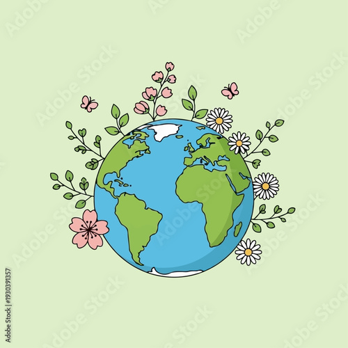 Hand-drawn style depiction of the Earth adorned with blossoming flowers and small butterflies suggests themes of renewal and environmental health.