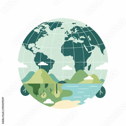 Abstract globe illustration depicts a harmonious ecosystem with mountains, water, and trees within its spherical form.