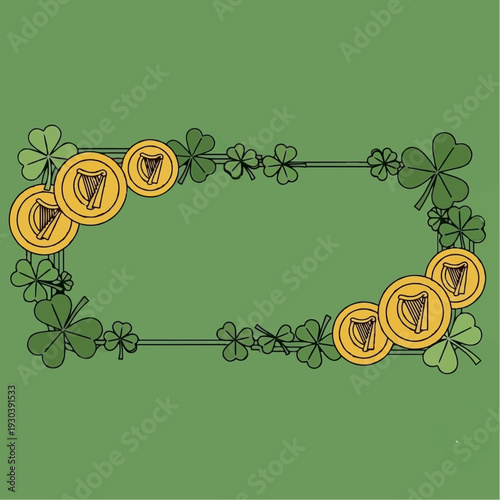 Decorative rectangular frame featuring gold coins marked with a harp symbol surrounded by shamrocks on a solid green background for holiday.