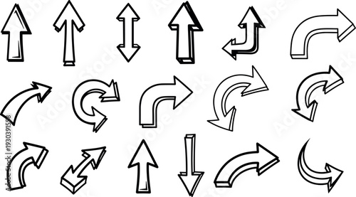 Outline Arrow Direction Icon Set with Up, Down, Curved, Turn, and Navigation Symbols for User Interfaces, Infographics, Diagrams, and Wayfinding Design