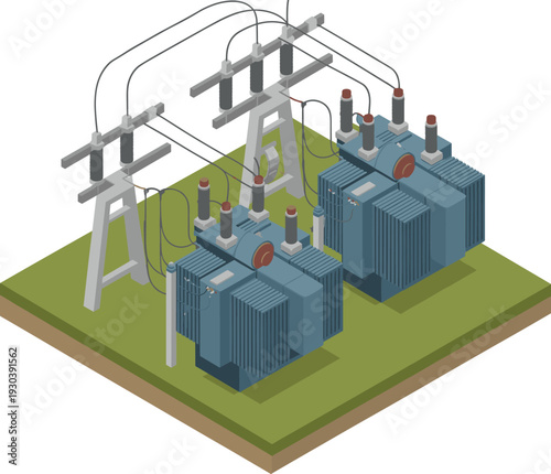 High voltage electrical transformer substation, power distribution grid system, industrial energy infrastructure isometric vector illustration with transmission lines