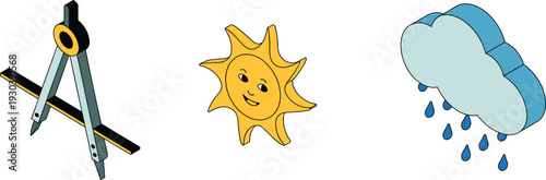 Hand drawn vector illustration of geometry compass, smiling sun character, rainy cloud icon, educational and weather design concept