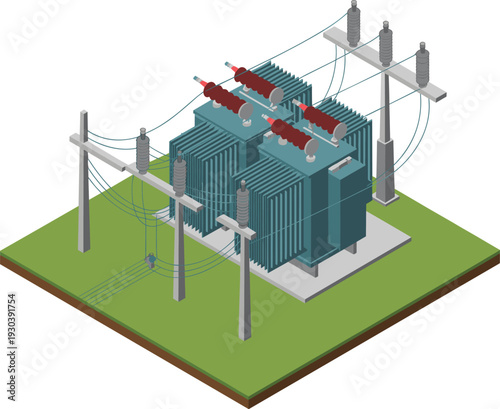 High voltage power transformer substation, electrical grid distribution equipment, isometric industrial energy infrastructure illustration with transmission lines and insulators