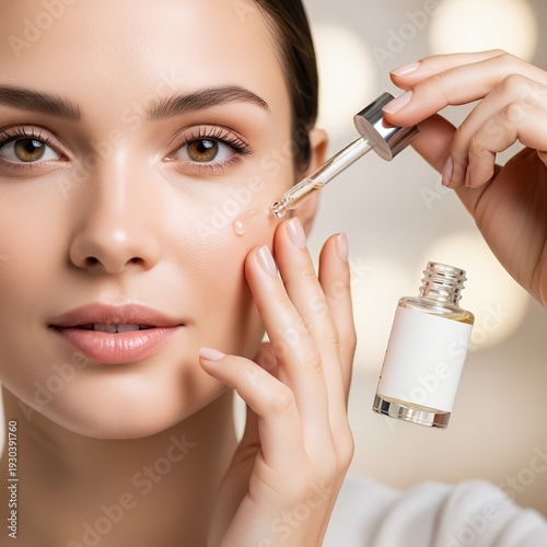 Woman Applying Serum to Face for Skincare Routine.