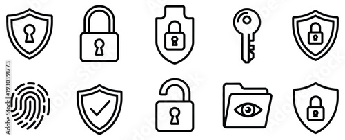 Protection icon collection for digital safety, shield security, locked and unlocked lock system, user privacy protection, fingerprint scan, password encryption key, and antivirus defense concept 
