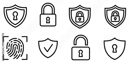 Protection icon set for cyber security, shield lock safety system, user protection, fingerprint authentication security, password key protection, and antivirus shield defense vector