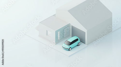 Minimalist white house with compact electric car parked in garage. Smart home, sustainable living and clean energy transportation concept.