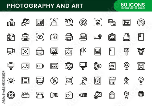 Photography and Art icon set. Photography and Art professional line icons for design studio photography business and artistic innovation themes.