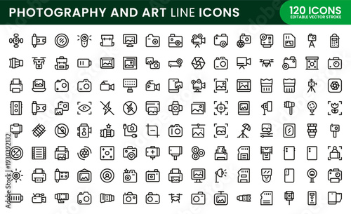 Photography and Art icon set. Photography and Art minimal outline icons illustrating camera flash sketchbook color palette and artistic inspiration.
