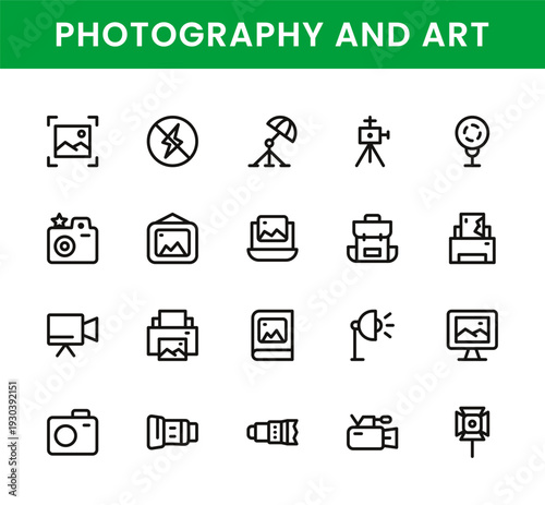 Photography and Art icon set. Photography and Art modern artistic symbols for content creation photo retouching exhibition planning and design services.