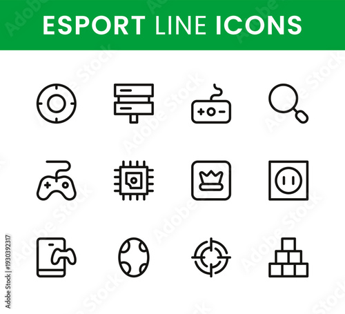 Esport icon set. Esport clean outline icon set designed for online gaming teams live streaming championship events and virtual competition concepts.
