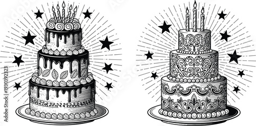 Elegant multi-tiered celebration cakes with candles and decorative icing for birthday or wedding party, cad drawing flat vector illustration, dessert