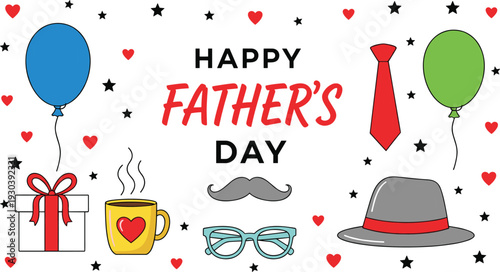 Happy Father’s Day greeting banner with blue and green balloons, red necktie, grey hat, gift box, eyeglasses, and coffee mug, cad drawing flat vector illustration.